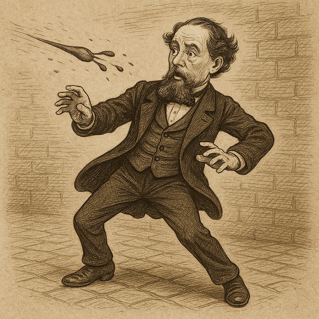 Charles Dickens dodges chewing tobacco spit.