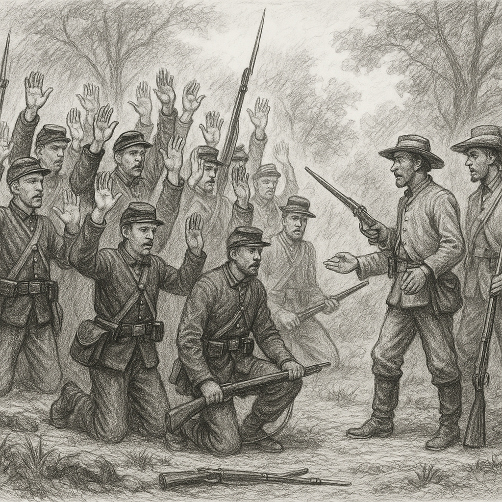 Black and white sketch of Union solders surrendering to a few Confederate soldiers.
