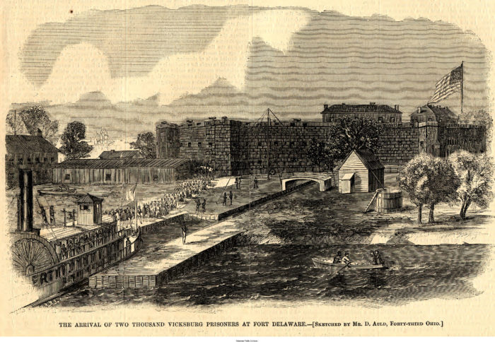 Black and white sketch showing the arrival of two thousand Vicksburg prisoners at Fort Delaware.