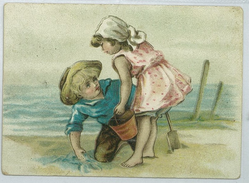 Trade card showing two children on the beach.