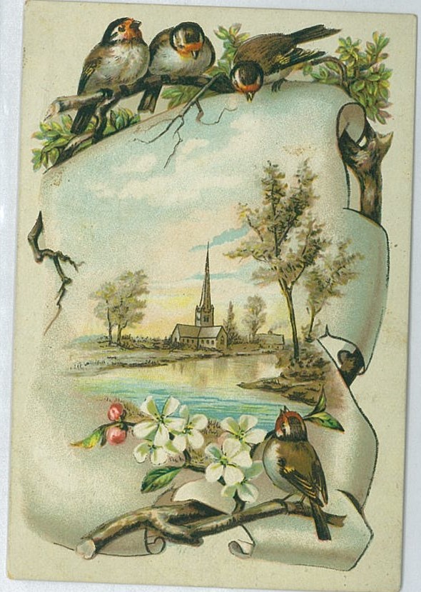 Trade card image showing a church on a river surrounded by songbirds.