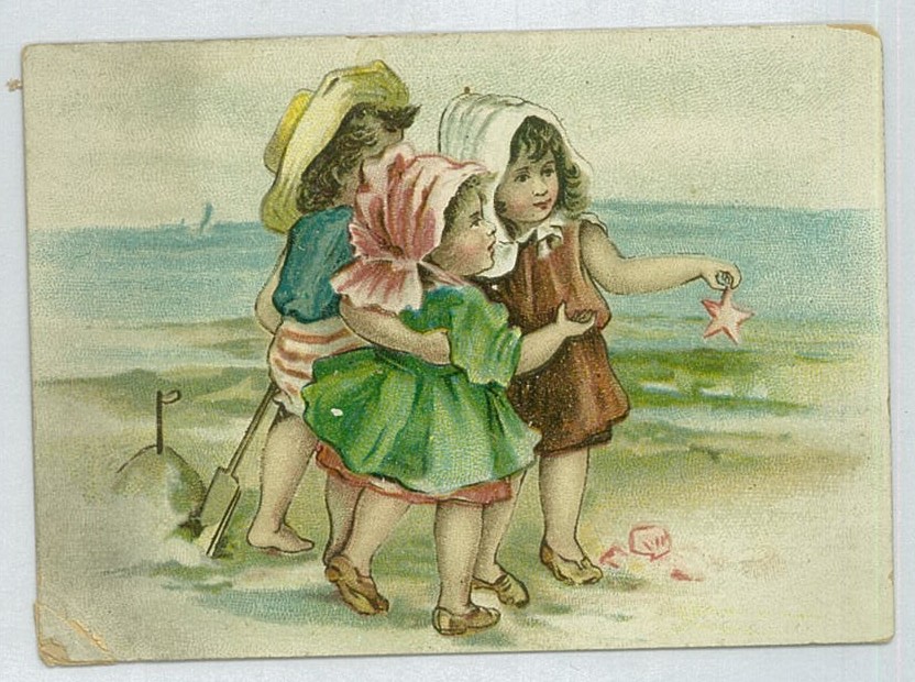 Trade card showing three children playing on the beach.