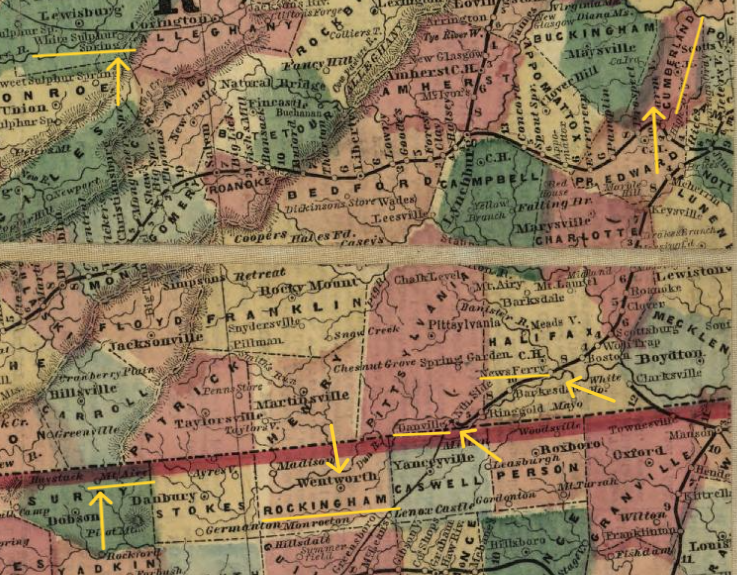 Historic map of Southern Virginia and Northern North Carolina.
